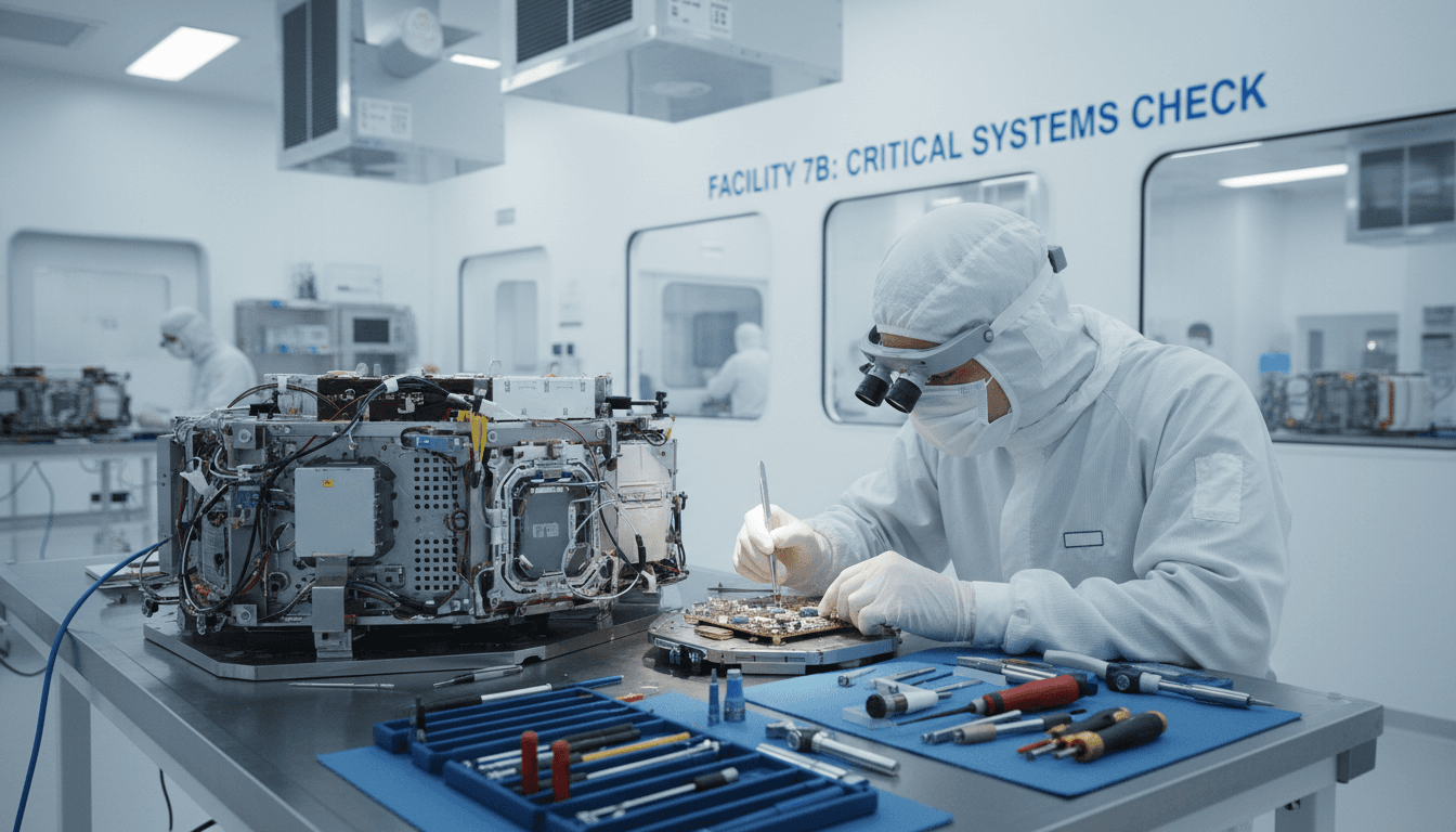 Engineer in a cleanroom examining spacecraft hardware with precision tools