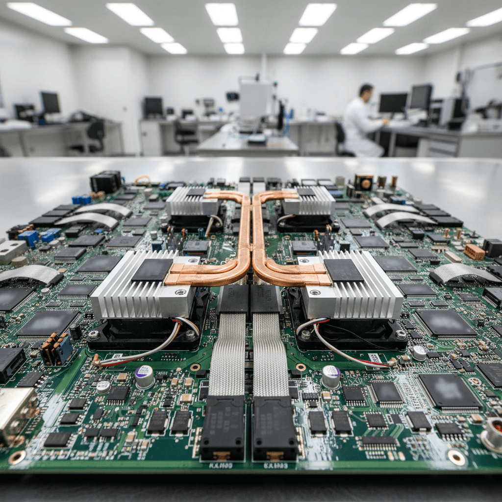 Close up of a satellite electronic circuit board with thermal management components in a clean laboratory