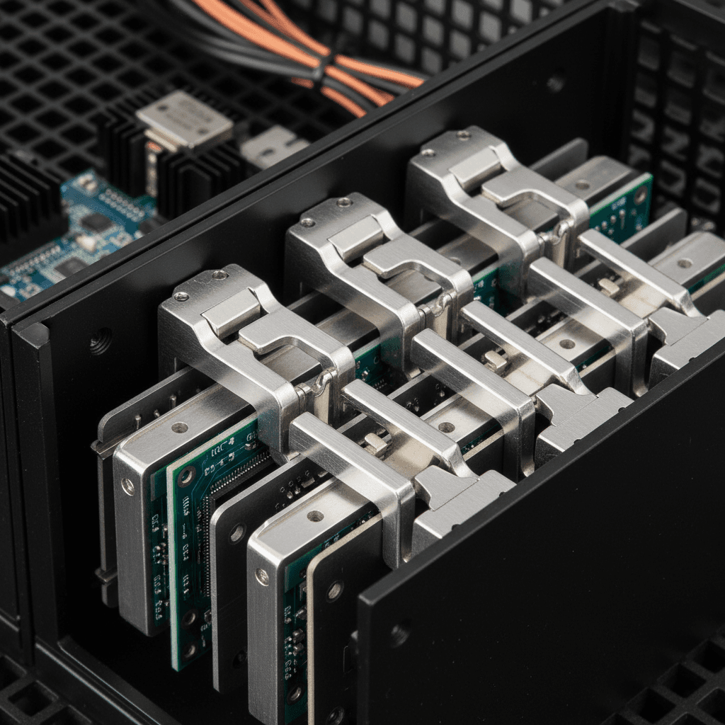 Metal wedge lock mechanism securing an electronics card