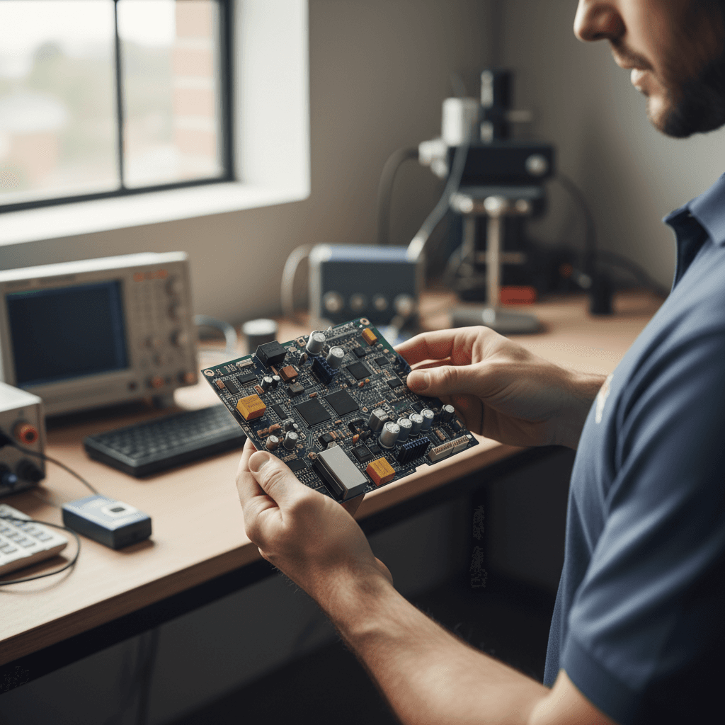 Engineer inspecting a spacecraft electronic circuit board in a clean lab