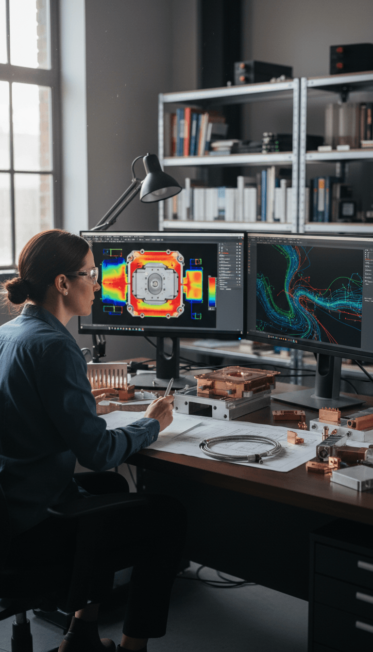 Engineer reviewing thermal performance data on a monitor in a bright laboratory