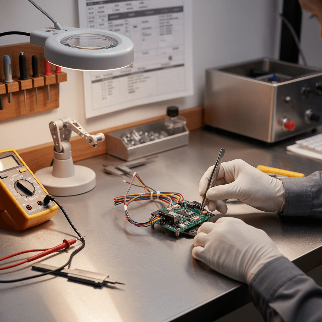 Engineer inspecting satellite hardware in a clean facility