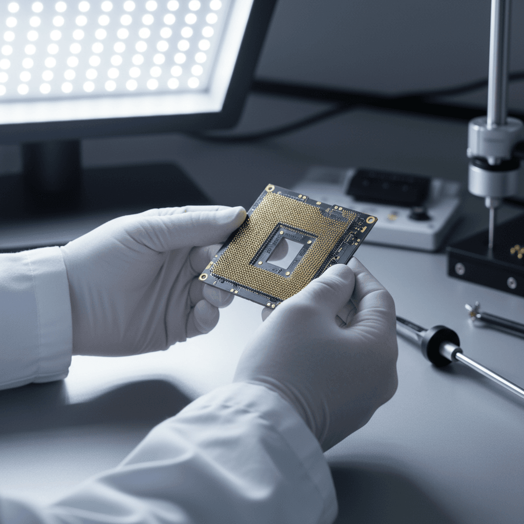 Close-up of a circuit board with precision components in a lab setting