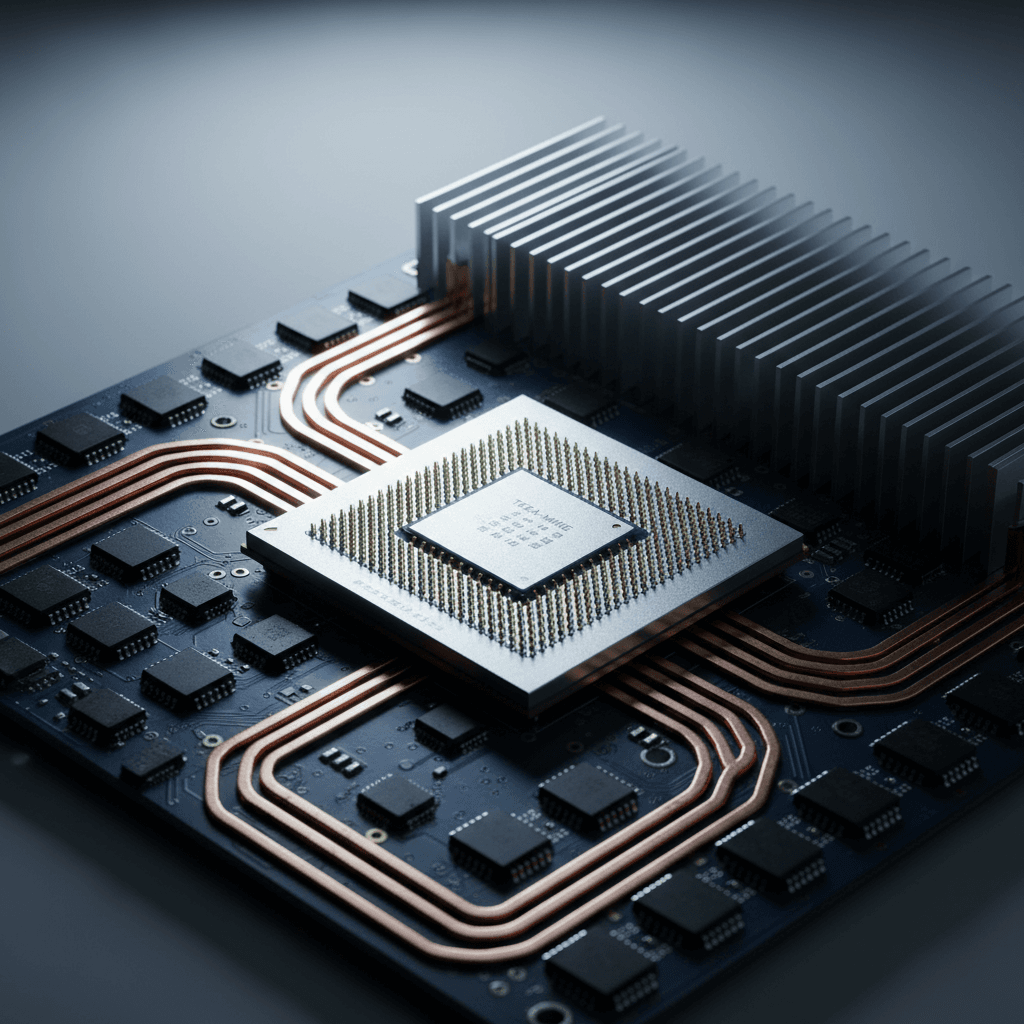 Close-up of a computer circuit board with a copper vapor chamber heat spreader