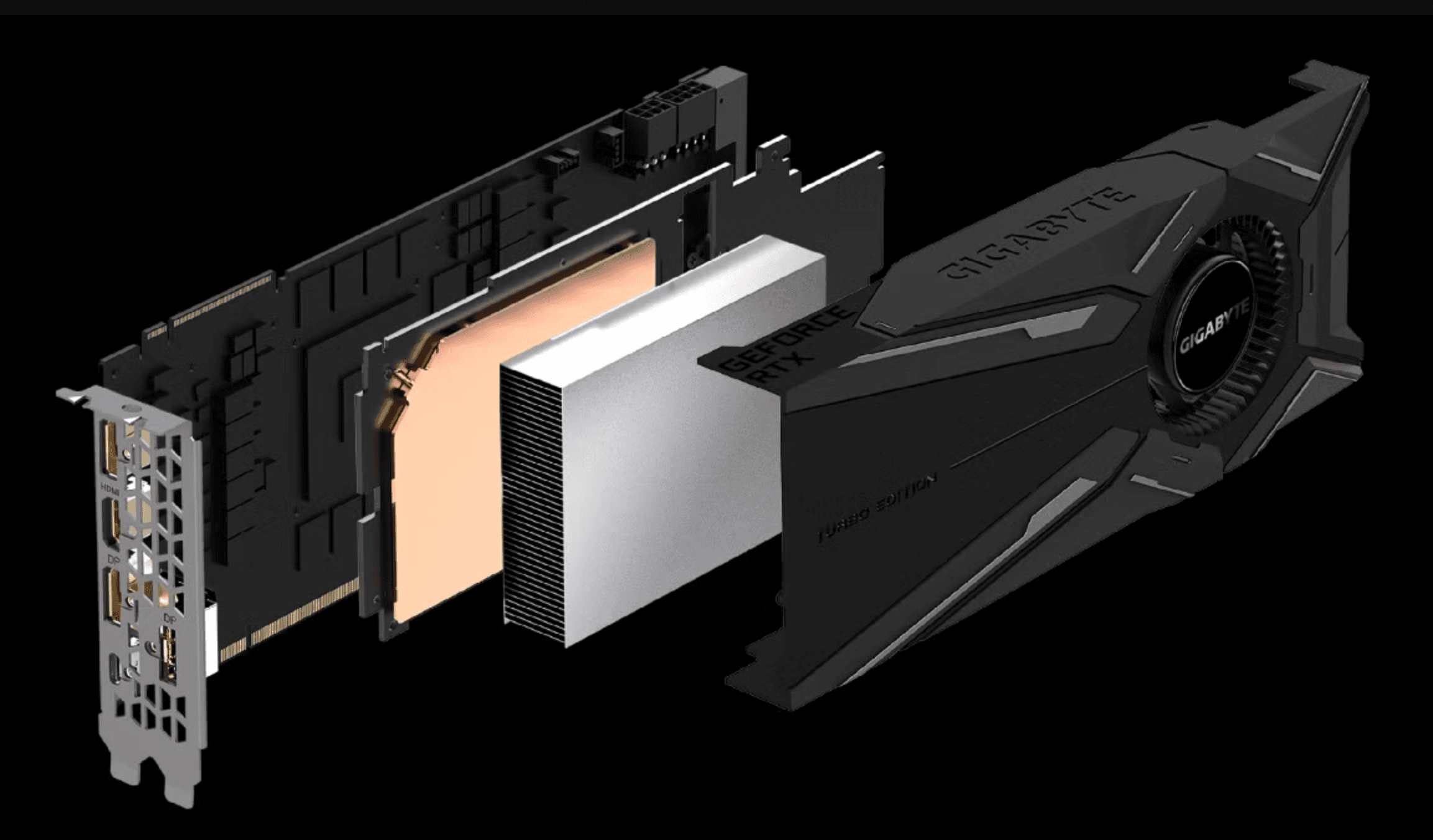 Exploded view of a Gigabyte GeForce RTX Turbo Edition graphics card showing internal cooling components.
