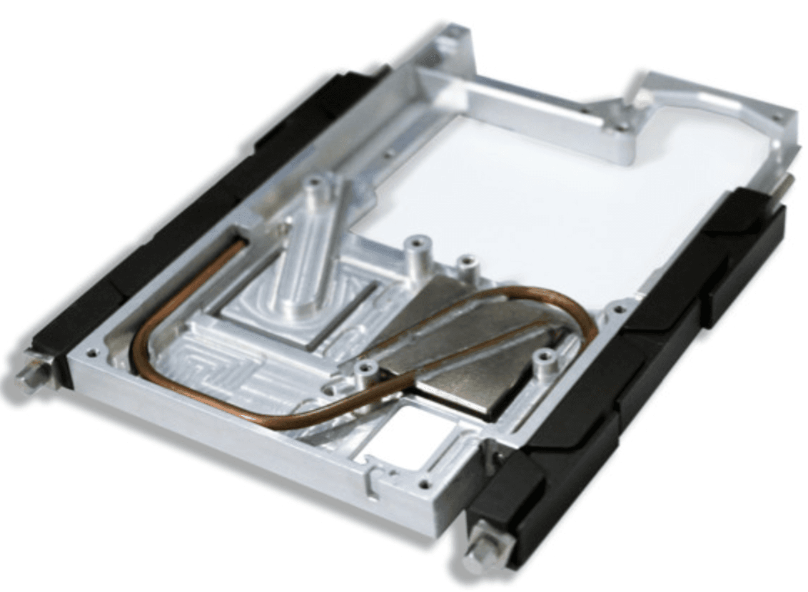 Machined aluminum thermal frame with a curved copper heat pipe and black side rails.