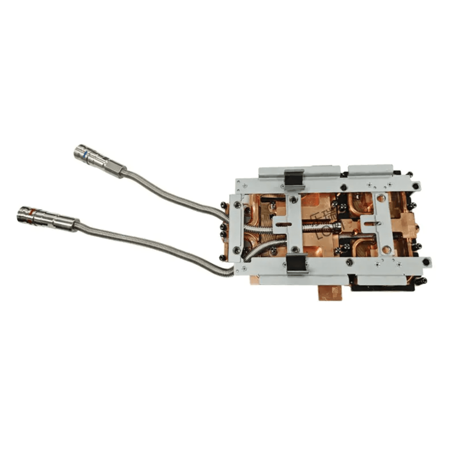 Liquid cooling cold plate with copper base and two flexible metal hoses for server systems.